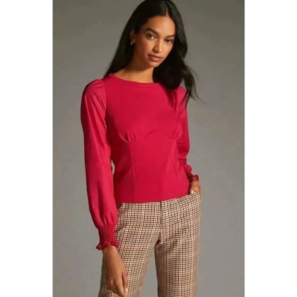 Anthropologie Womens S Pink Long-Sleeve Fitted Cinch Cuff Fitted Dress Blouse